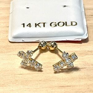 14K Gold Cz Cross Stud Earrings -with Ball Screw Back